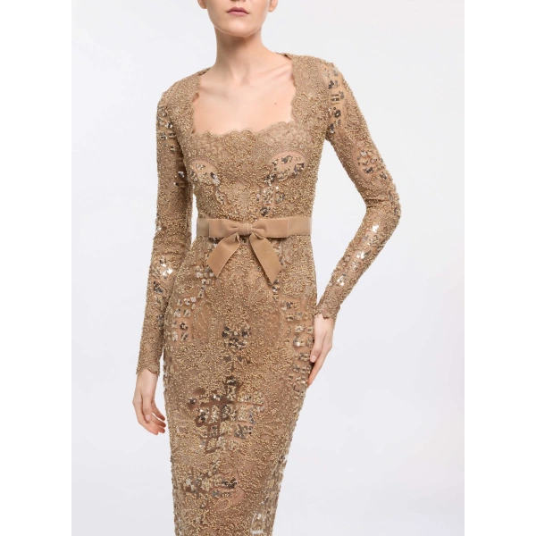 Elie Saab Sequin Embroidered Tulle Dress in Beige | Maxi Dresses | Coveti