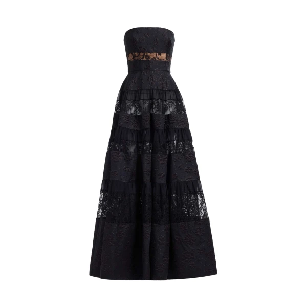 Strapless Brocade & Lace Long Dress