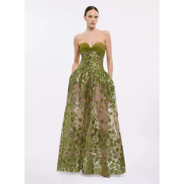 Elie Saab Strapless Midi Gown in Green | Evening Gowns | Coveti