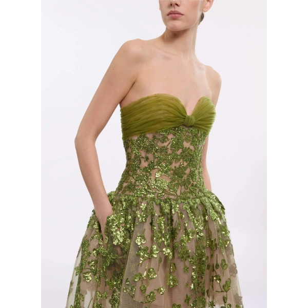 Elie Saab Strapless Midi Gown in Green | Evening Gowns | Coveti