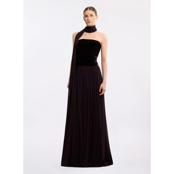 Elie Saab Strapless Velvet & Chiffon Long Dress in Purple | Maxi Dresses | Coveti