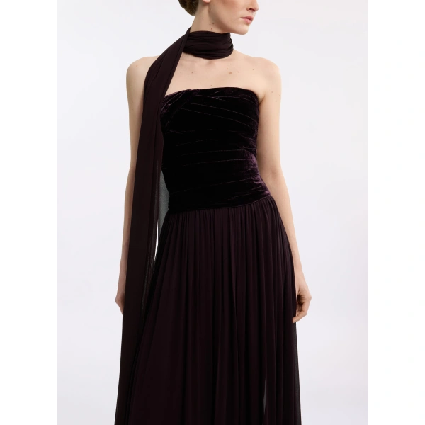Elie Saab Strapless Velvet & Chiffon Long Dress in Purple | Maxi Dresses | Coveti
