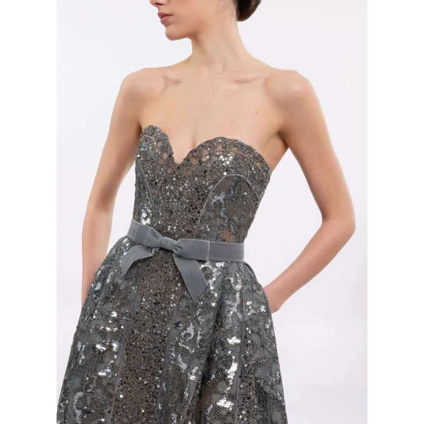 Elie Saab Sweetheart Sequin Embroidered Gown in Grey | Evening Gowns | Coveti