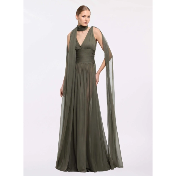 Elie Saab V-Neck Silk Long Dress in Green | Maxi Dresses | Coveti