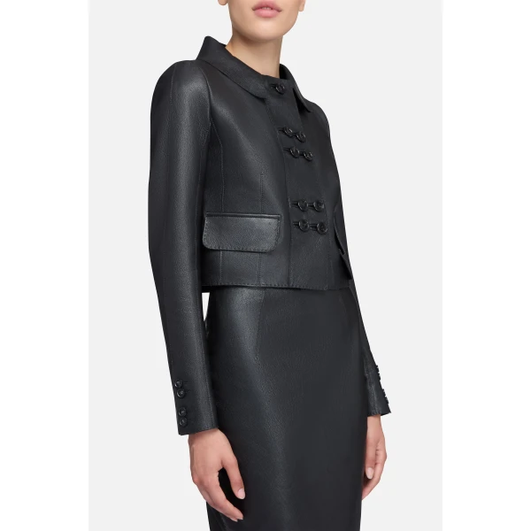 Emilia Wickstead Aelin Jacket in Black Grain Leather | Leather Jackets | Coveti