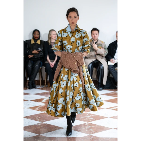 Emilia Wickstead Celeste Dress in Mustard & Blue Breezy Poppy Mikado | Midi Dresses | Coveti