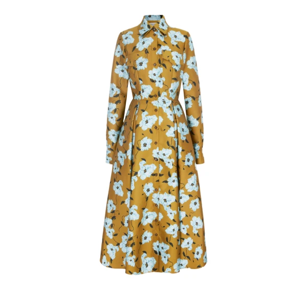Celeste Dress in Mustard & Blue Breezy Poppy Mikado