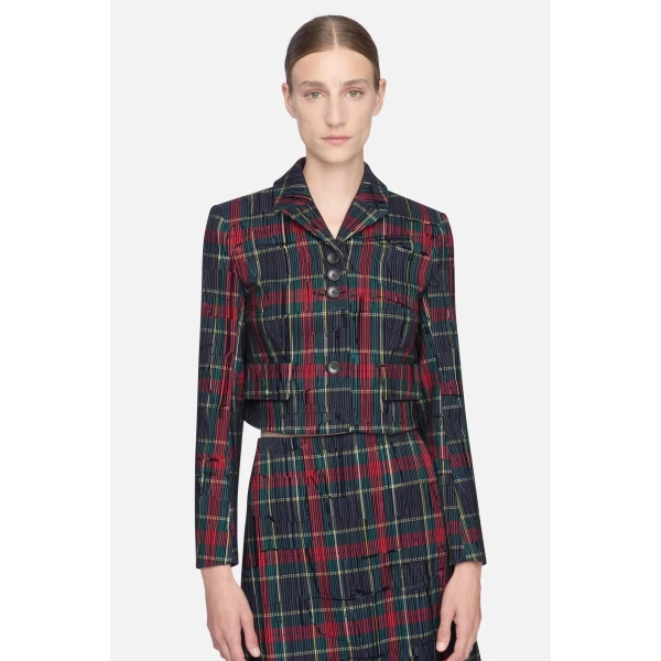 Emilia Wickstead Chapel Jacket in Red & Green Flocked Check | Jackets | Coveti