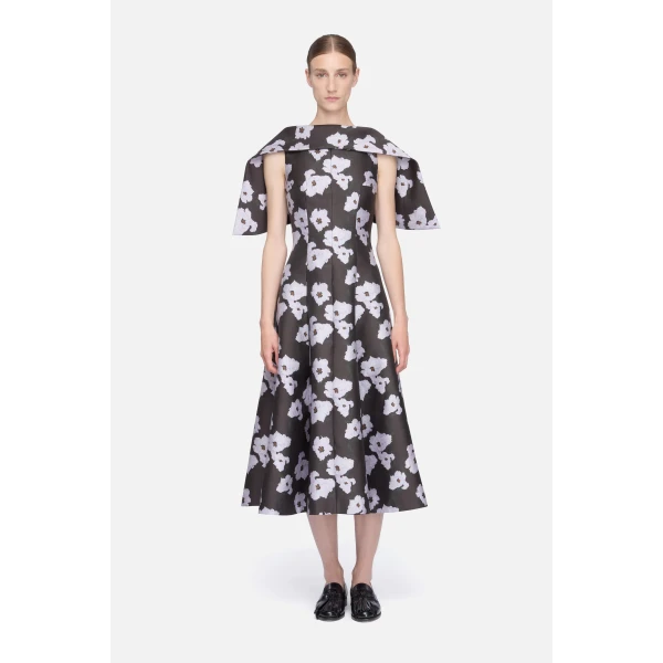 Emilia Wickstead Cyralisse Dress in Chocolate & Lilac Breezy Poppy Mikado | Midi Dresses | Coveti