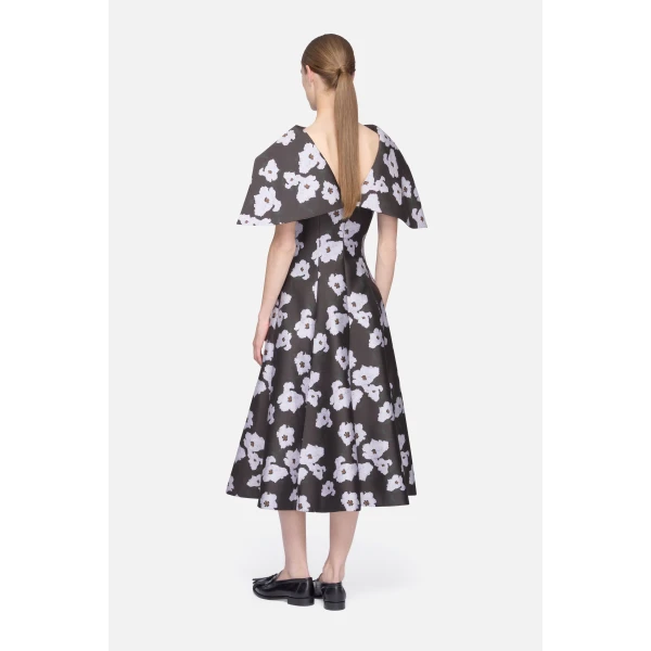 Emilia Wickstead Cyralisse Dress in Chocolate & Lilac Breezy Poppy Mikado | Midi Dresses | Coveti
