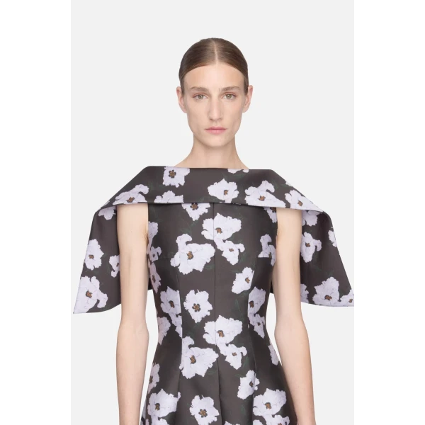 Emilia Wickstead Cyralisse Dress in Chocolate & Lilac Breezy Poppy Mikado | Midi Dresses | Coveti