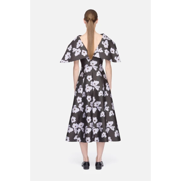 Emilia Wickstead Cyralisse Dress in Chocolate & Lilac Breezy Poppy Mikado | Midi Dresses | Coveti
