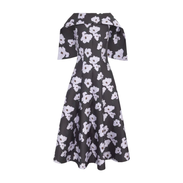 Emilia Wickstead Cyralisse Dress in Chocolate & Lilac Breezy Poppy Mikado | Coveti
