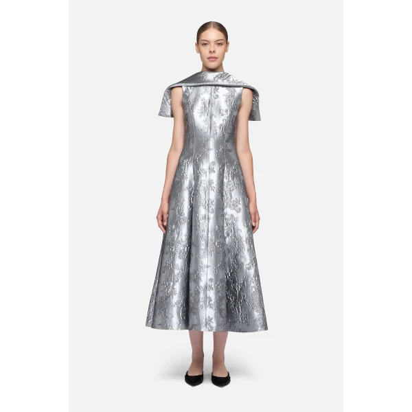 Emilia Wickstead Harlow Dress in Silver Metallic Cloque | Midi Dresses | Coveti