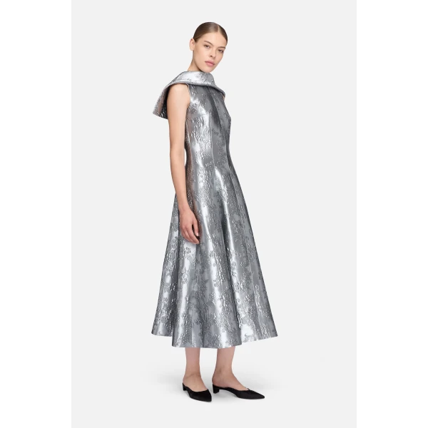 Emilia Wickstead Harlow Dress in Silver Metallic Cloque | Midi Dresses | Coveti