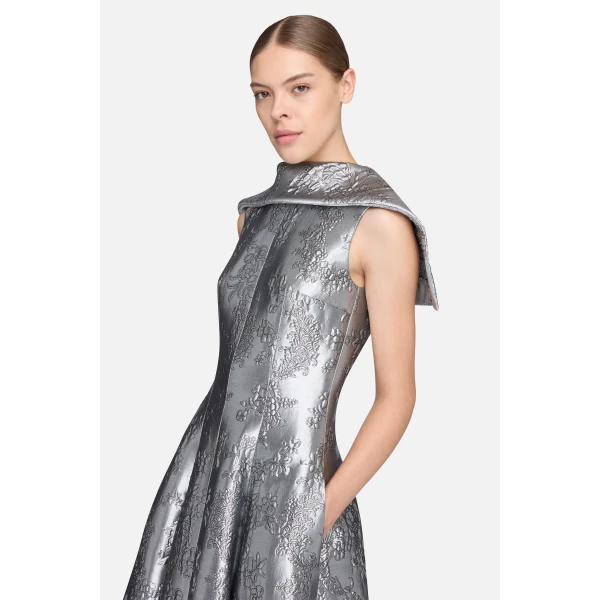 Emilia Wickstead Harlow Dress in Silver Metallic Cloque | Midi Dresses | Coveti