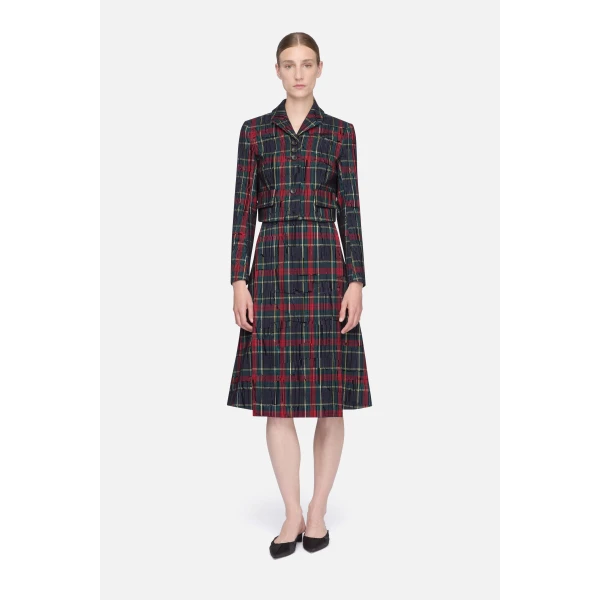 Emilia Wickstead Ifsa Skirt in Red & Green Flocked Check | Midi Skirts | Coveti