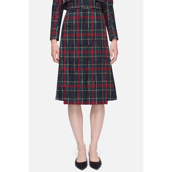 Emilia Wickstead Ifsa Skirt in Red & Green Flocked Check | Midi Skirts | Coveti