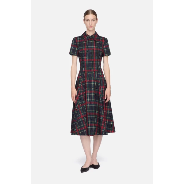 Emilia Wickstead Jody Dress in Red & Green Flocked Check | Midi Dresses | Coveti