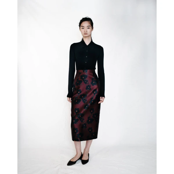Emilia Wickstead Lorelei Skirt in Red & Black Breezy Poppy Mikado | Pencil Skirts | Coveti