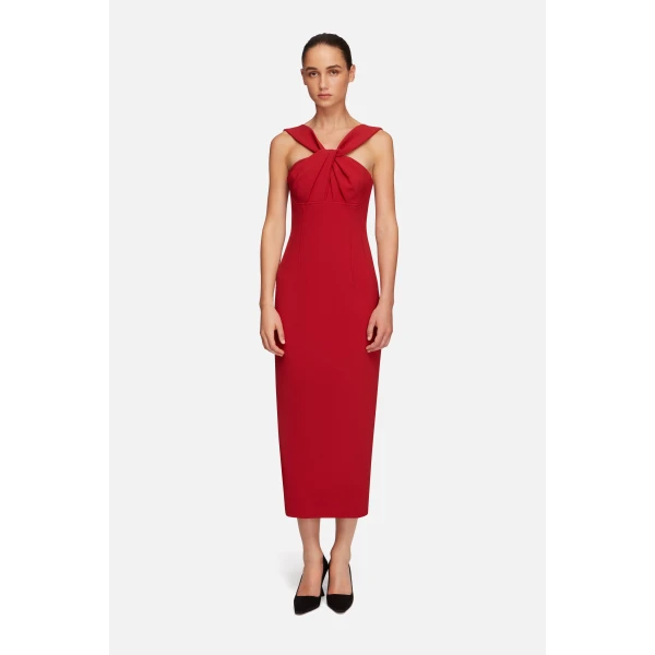 Emilia Wickstead Lucciene Dress in Red Birdseye Suiting | Midi Dresses | Coveti