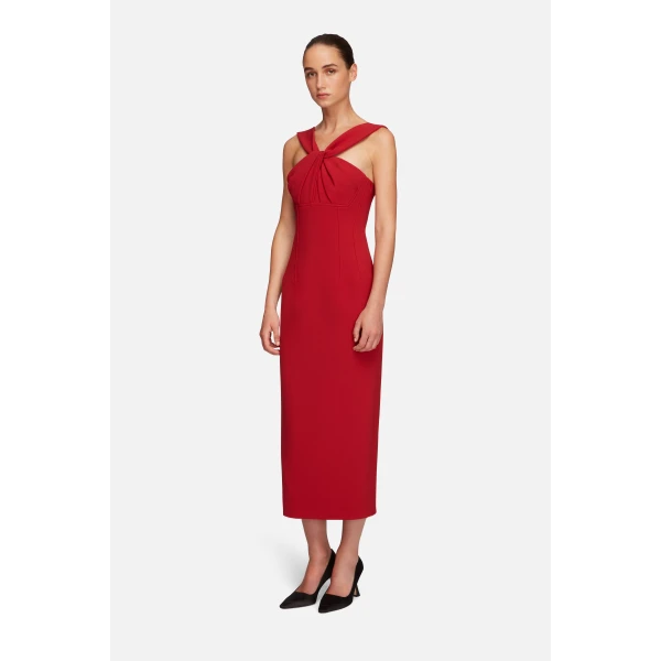 Emilia Wickstead Lucciene Dress in Red Birdseye Suiting | Midi Dresses | Coveti