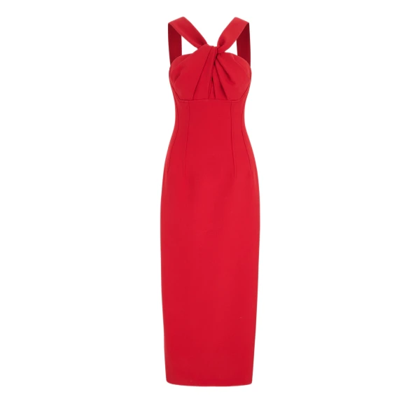 Emilia Wickstead Lucciene Dress in Red Birdseye Suiting | Coveti