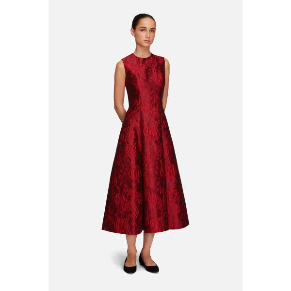 Emilia Wickstead Mara Dress in Red Floral Cloque | Midi Dresses | Coveti