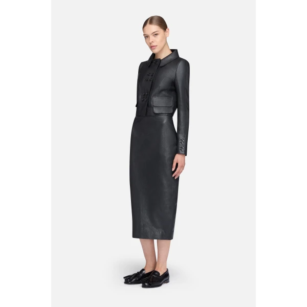 Emilia Wickstead Mavis Skirt in Black Grain Leather | Leather Skirts | Coveti