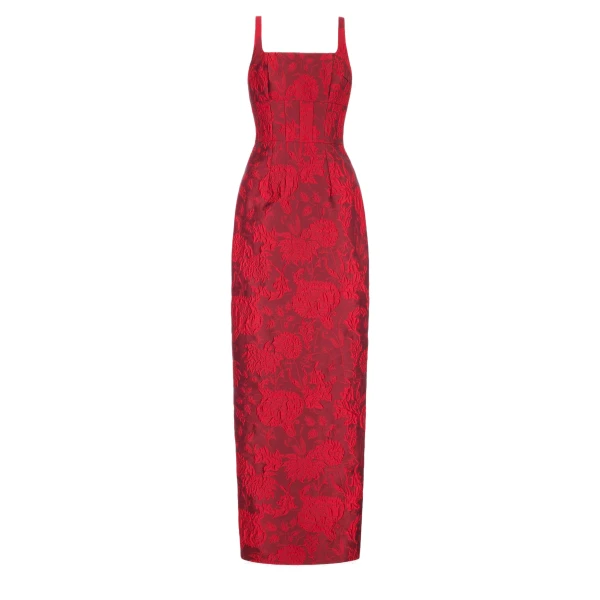 Megara Dress in Red Floral Cloque