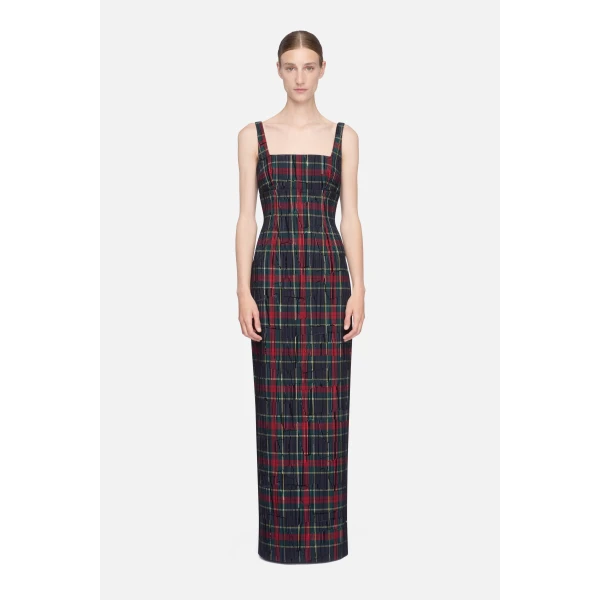 Emilia Wickstead Micheline Dress in Red & Green Flocked Check | Maxi Dresses | Coveti
