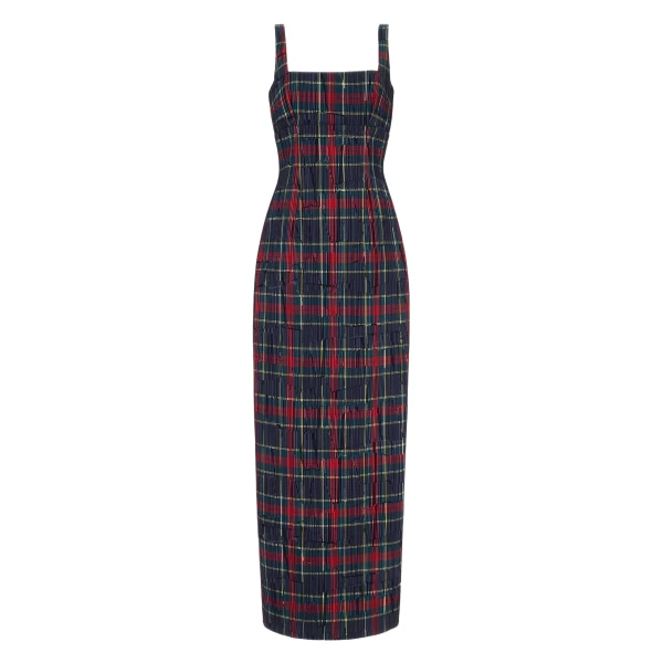 Micheline Dress in Red & Green Flocked Check