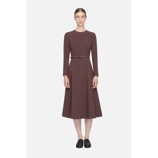 Emilia Wickstead Olivienne Dress in Chocolate Birdseye Suiting | Midi Dresses | Coveti