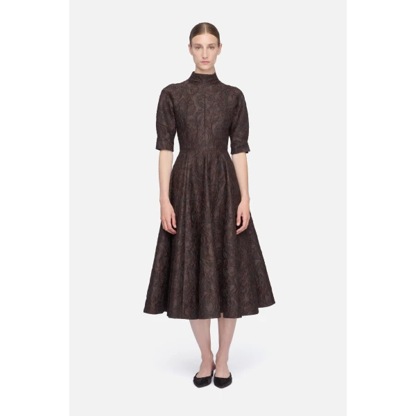 Emilia Wickstead Quinley Dress in Chocolate & Black Woven Cloque | Midi Dresses | Coveti