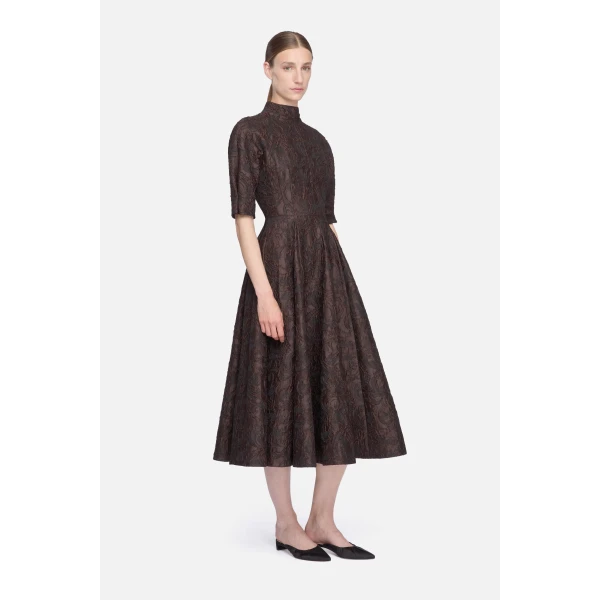 Emilia Wickstead Quinley Dress in Chocolate & Black Woven Cloque | Midi Dresses | Coveti