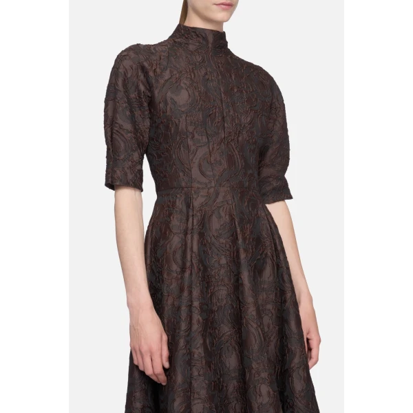 Emilia Wickstead Quinley Dress in Chocolate & Black Woven Cloque | Midi Dresses | Coveti