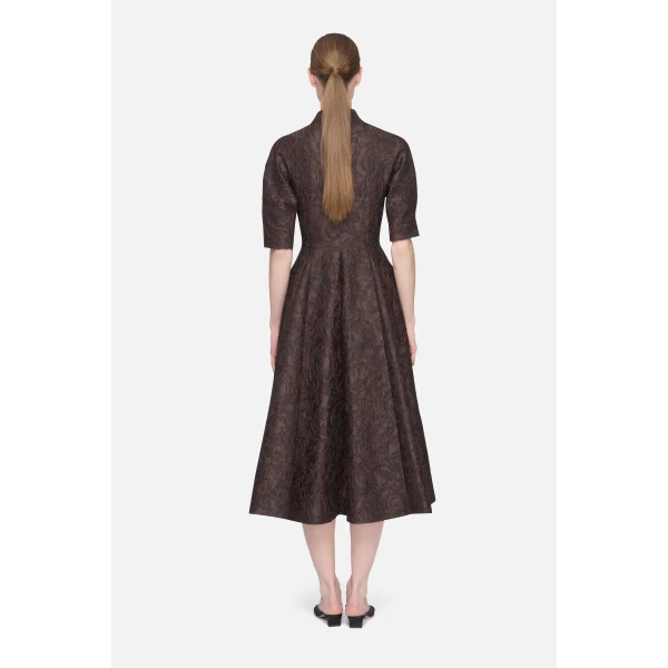 Emilia Wickstead Quinley Dress in Chocolate & Black Woven Cloque | Midi Dresses | Coveti