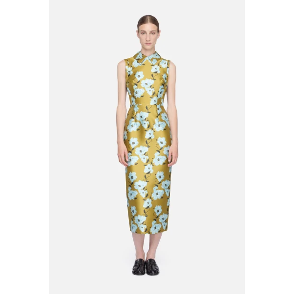 Emilia Wickstead Rain Dress in Mustard & Blue Breezy Poppy Mikado | Midi Dresses | Coveti