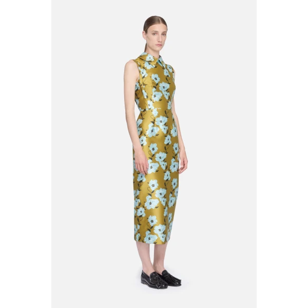 Emilia Wickstead Rain Dress in Mustard & Blue Breezy Poppy Mikado | Midi Dresses | Coveti