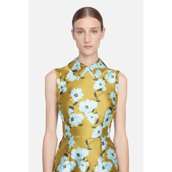 Emilia Wickstead Rain Dress in Mustard & Blue Breezy Poppy Mikado | Midi Dresses | Coveti