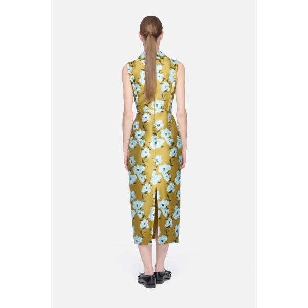 Emilia Wickstead Rain Dress in Mustard & Blue Breezy Poppy Mikado | Midi Dresses | Coveti