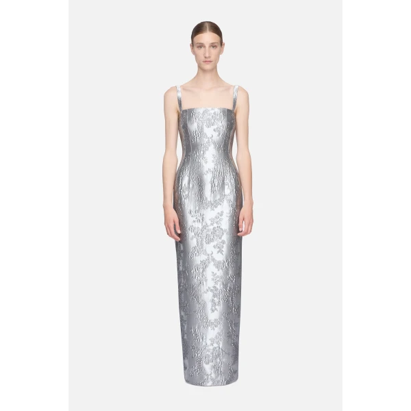 Emilia Wickstead Regina Dress in Silver Metallic Cloque | Maxi Dresses | Coveti