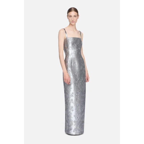 Emilia Wickstead Regina Dress in Silver Metallic Cloque | Maxi Dresses | Coveti