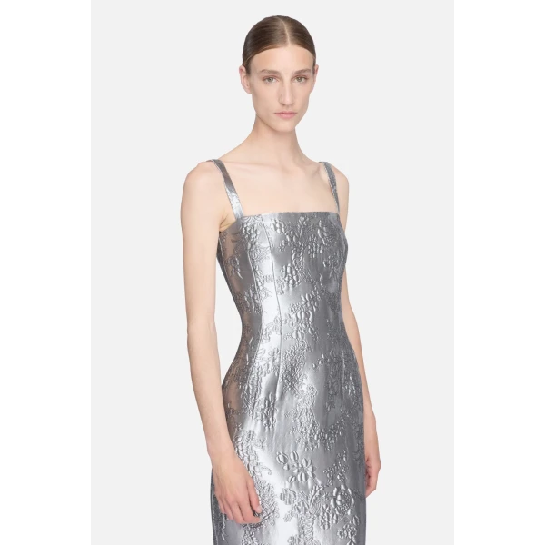 Emilia Wickstead Regina Dress in Silver Metallic Cloque | Maxi Dresses | Coveti