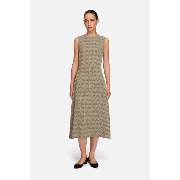 Emilia Wickstead Rumi Dress in Black & Beige Prince of Wales Check | Midi Dresses | Coveti