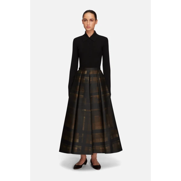Emilia Wickstead Sylvane Skirt in Blue Chocolate & Black Breezy Poppy Mikado | Pleated Skirts | Coveti