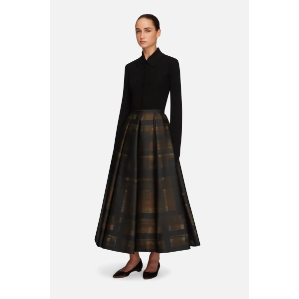Emilia Wickstead Sylvane Skirt in Blue Chocolate & Black Breezy Poppy Mikado | Pleated Skirts | Coveti