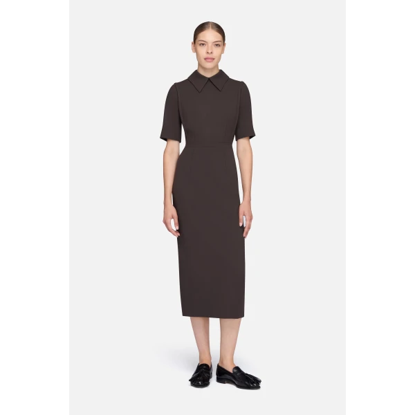 Emilia Wickstead Valletta Dress in Chocolate Single Wool Crepe | Midi Dresses | Coveti