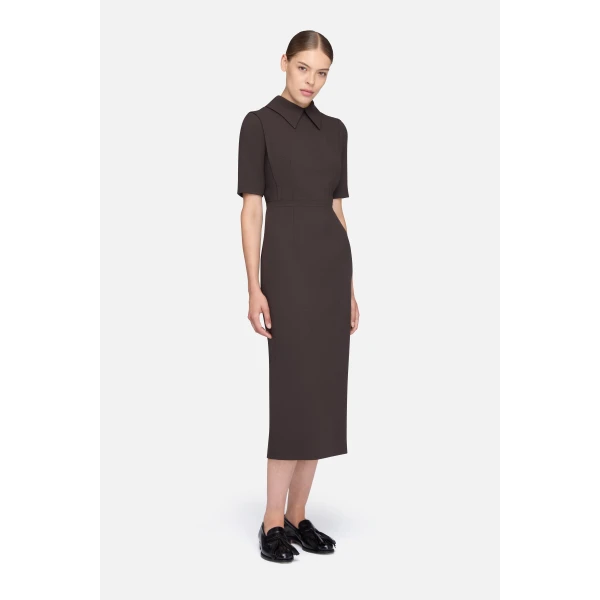 Emilia Wickstead Valletta Dress in Chocolate Single Wool Crepe | Midi Dresses | Coveti