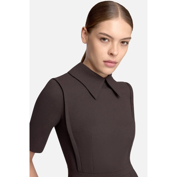 Emilia Wickstead Valletta Dress in Chocolate Single Wool Crepe | Midi Dresses | Coveti